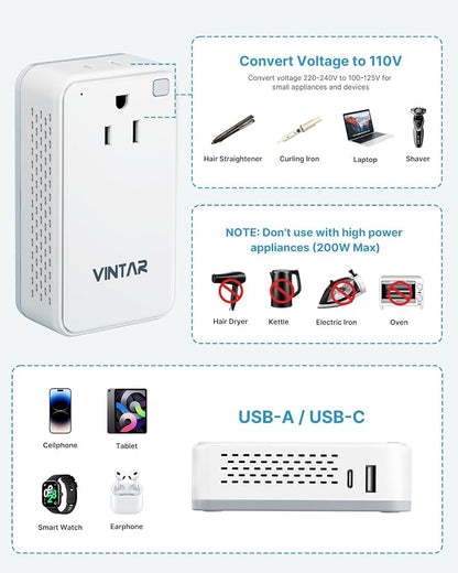 Mini 220V to 110V Converter for European Travel, VINTAR 200W Universal Travel Adapter Voltage Converter US to Europe, International Step Down Power Converter Adapter Combo for EU UK AUS India