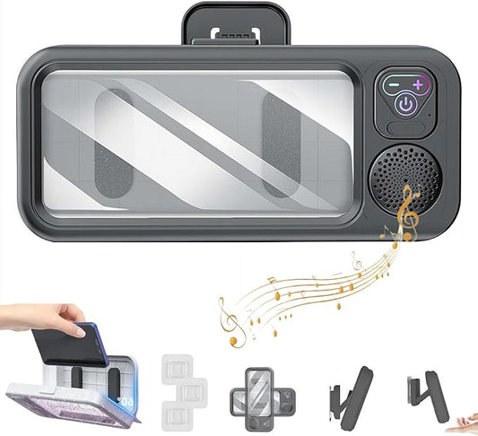 Shower Phone Holder with Wireless Bluetooth Speaker, Waterproof Touchable Phone Case for Bathroom Mirror and Bathtub, Rotation Retractable Wall Mounted Phones Holder,2026 New (Black)