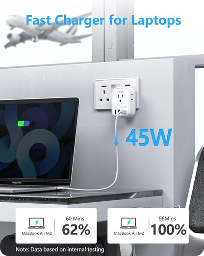 LENCENT US to UK Ireland Travel Plug Adapter, PD45W Grounded Type G Adapter | Travel Adapter with 4 Outlets 4 USB Ports(2 USB C), Power Plug for US to Dubai Scotland British London England Singapore