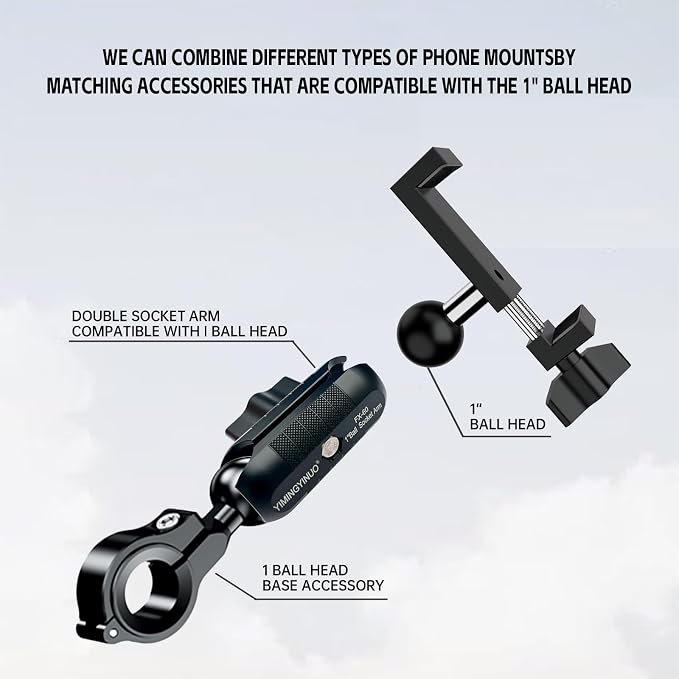 1 Inch Aluminum Phone Holder with 1" Ball Head Adapter Compatible with RAM mounts B Size Double Socket Arm for Car Bike Motorcycle Phone Mount