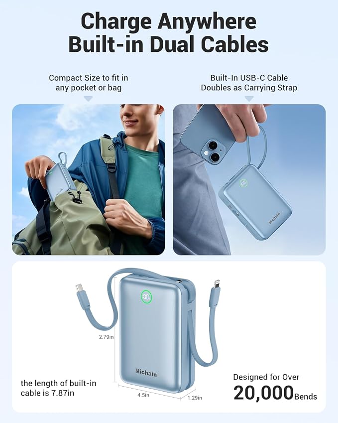 Hichain Portable Charger 35W 20000mAh Power Bank with LED Display Blue | Fast Charging Portable charger Power Bank for iPhone 17/16/15/14/13, iPad, Android,Battery Pack Built Dual Cables & 4 Outputs