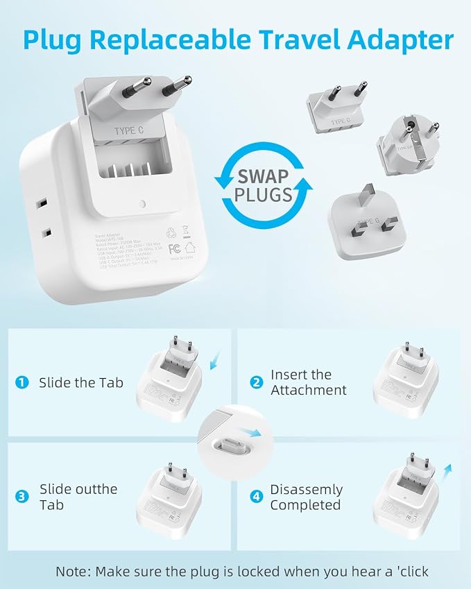 European Travel Plug Adapter Set, 8-in-1 Travel Adapter with 4 Outlets | Universal Travel Adapter, Type G/E/F/C Detachable Plugs, 4 USB Ports (2 USB C), US to UK/EU, International Power Adapter