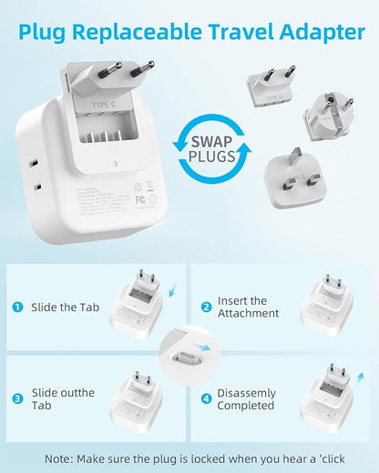 European Travel Plug Adapter Set, 8-in-1 Travel Adapter with 4 Outlets | Universal Travel Adapter, Type G/E/F/C Detachable Plugs, 4 USB Ports (2 USB C), US to UK/EU, International Power Adapter