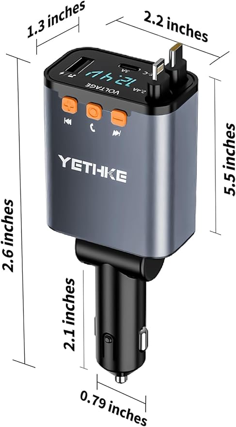 Bluetooth Car Adapter with Retractable Charger,[Upgrade] Bluetooth 5.4 FM Transmitter for Cars, 4 in 1 Fast Car Charger 69W, Handsfree Call, 2*Retractable Cable for iPhone 17/16/15/14, Galaxy-Gray