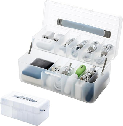 Vidifor 2-Layer Cable Organizer Box with 20 Cable Ties, Portable Cord, Charger and Bandages Storage for Drawer, Desk, Office & Home (White)