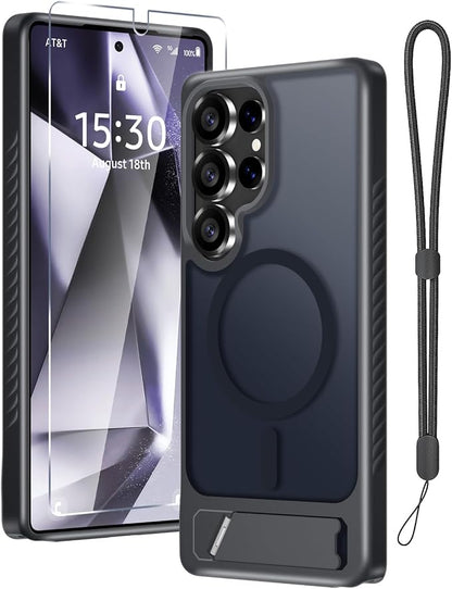 for Samsung Galaxy S25 Ultra Case with Screen Protector+Lanyard Wrist Strap,Magnetic Translucent Matte Rugged Slim Phone Cover Built in Invisible Kickstand [Fit for MagSafe],2025 Black