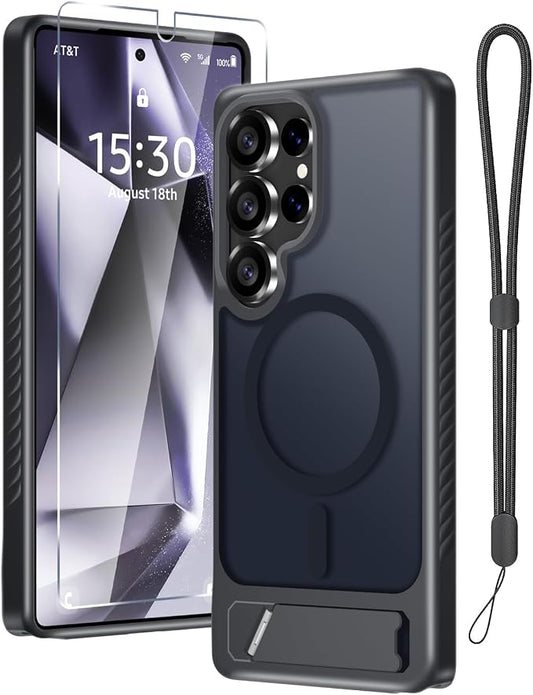for Samsung Galaxy S25 Ultra Case with Screen Protector+Lanyard Wrist Strap,Magnetic Translucent Matte Rugged Slim Phone Cover Built in Invisible Kickstand [Fit for MagSafe],2025 Black