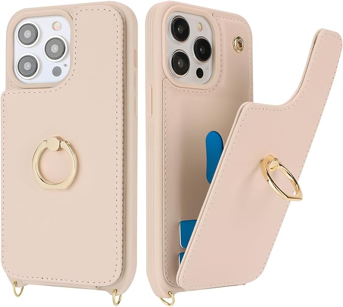 Lipvina for iPhone 14 Pro Max Case with Card Holder for Women,Phone Case with Strap,Crossbody Lanyard,RFID Blocking,Ring Stand,Snap Clasp,Cute Wallet Cases 6.7 inch (Beige)