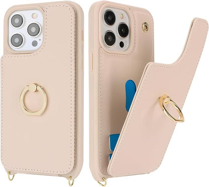 Lipvina for iPhone 14 Pro Max Case with Card Holder for Women,Phone Case with Strap,Crossbody Lanyard,RFID Blocking,Ring Stand,Snap Clasp,Cute Wallet Cases 6.7 inch (Beige)
