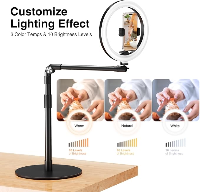 elitehood Overhead Phone Mount with Light for Video Recording, Adjustable Desk Ring Light with Stand and Phone Holder, Heavy Duty Overhead Camera Mount Tripod for iPhone Cooking Video, Filming Meeting