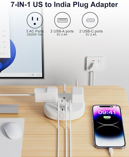 India to US Plug Adapter, India Extension Cord 3FT | India Plug Adapter with 3 USA Outlets 4 USB Ports, Type D Travel Adapter for India Bangladesh Maldives Nepal Pakistan