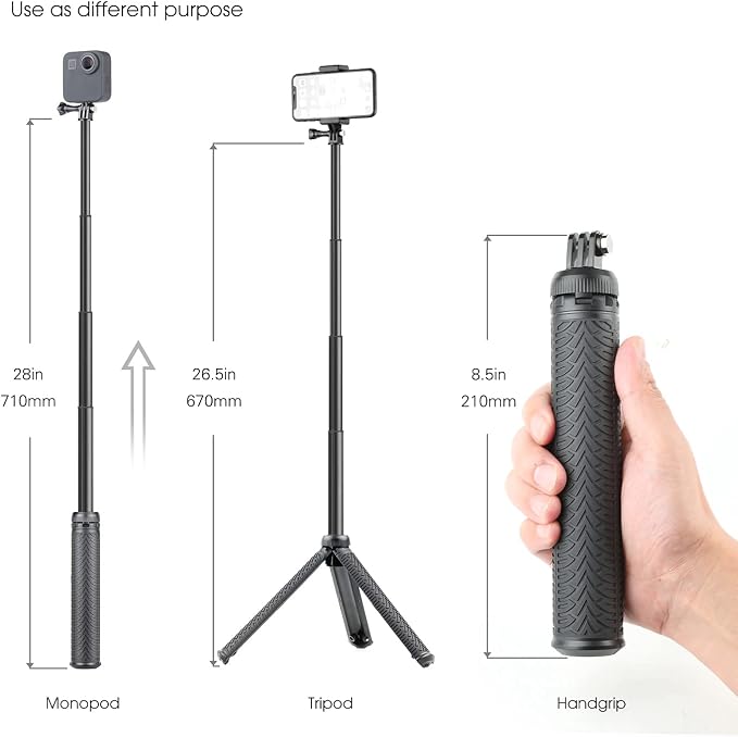 SOONSUN 3in1 Aluminum Waterproof Selfie Stick for GoPro Hero 13 12 11 10 9 8 7 6 5 4, Fusion, Max, Session, Insta360, AKASO, SJCAM, Osmo Action Camera - Extenbale Monopod Pole, Hand Grip, Tripod Stand