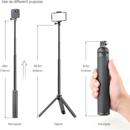 SOONSUN 3in1 Aluminum Waterproof Selfie Stick for GoPro Hero 13 12 11 10 9 8 7 6 5 4, Fusion, Max, Session, Insta360, AKASO, SJCAM, Osmo Action Camera - Extenbale Monopod Pole, Hand Grip, Tripod Stand