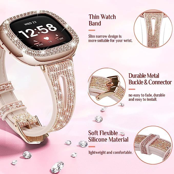 Bling Thin Band for Fitbit Sense/Versa 3 Bands for Women - Silicone Glitter Strap Accessories Compatible with Fitbit Sense 2/Versa 4 (Rose Gold)