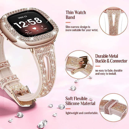 Bling Thin Band for Fitbit Sense/Versa 3 Bands for Women - Silicone Glitter Strap Accessories Compatible with Fitbit Sense 2/Versa 4 (Rose Gold)