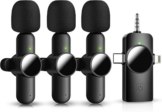 3 in 1 Mini Microphone,Wireless Lavalier Microphones for iPhone Android Camera USB-C,2.4G Ultra-Low Delay,Noise Reduction,Microphone Video Recording, Live Streaming (Black, 3microphone) (3) (3)