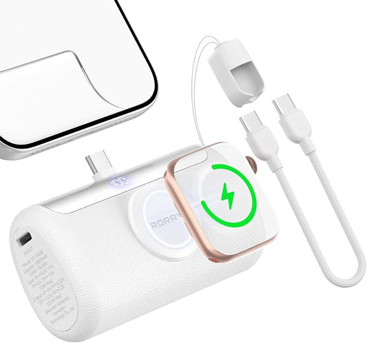 RORRY PalmGo Portable Charger Power Bank 10000mAh 3-in-1 Mini Battery Pack | Built-in USB-C Connector, 22.5W Fast Charging, for iPhone 17/16/15, Apple Watch, iPad, Travel Essential, Pocket Size