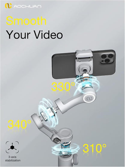 Professional Gimbal Stabilizer for Smartphone w/Wireless Charging OLED Display LED Light Focus Wheel, 3-Axis Phone Gimbal Stabilizer for iPhone 15 14 13 12 Pro/Max/Xs Galaxy S23-AOCHUAN Smart X Pro