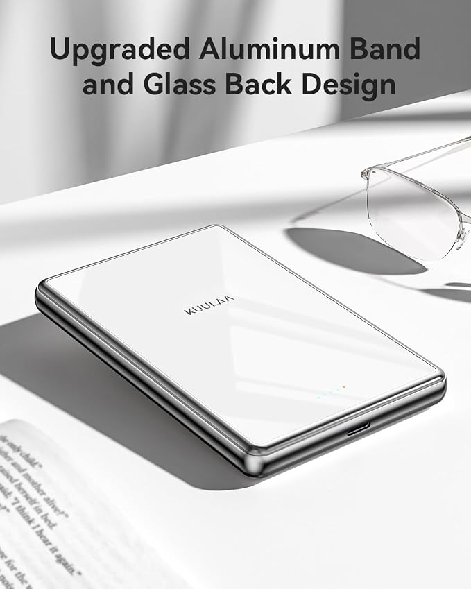 Kuulaa 10000mAh Magsafe Power Bank Ultra Slim 0.53'' Magnetic Wireless Portable Charger with USB-C Output, 20W PD Fast Charging for iPhone 16/15/14/13/12 Series, Tempered Glass Design