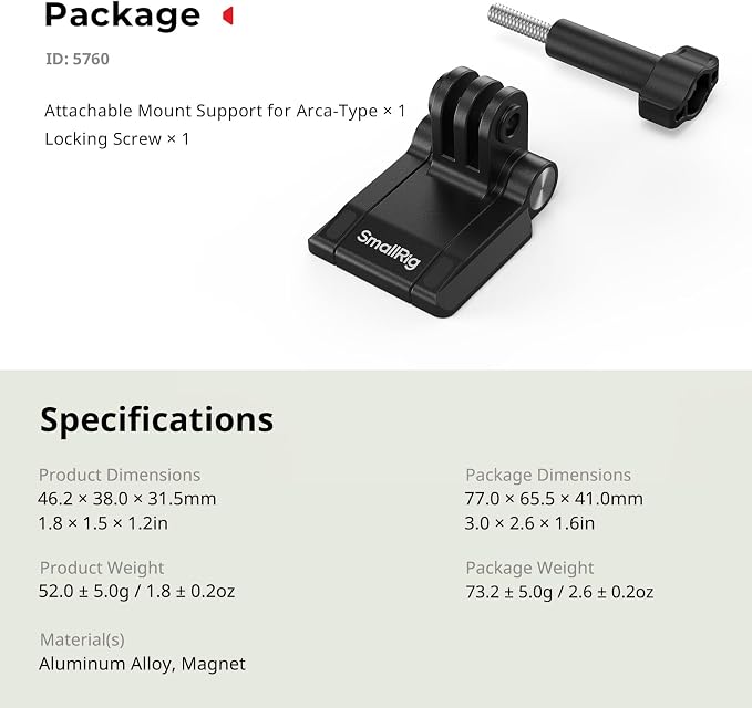 SmallRig Magnetic Mount for Action Camera, for DJI Osmo Nano/Action 4/5 pro, for GoPro Hero 13/12/11, with Quick Release Plate for Arca-Swiss, 1/4"-20 Locating Hole, Ultra-Low-Angle Shooting