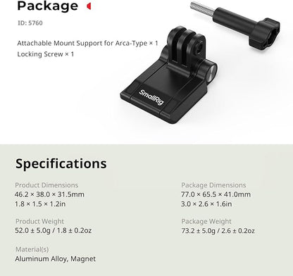 SmallRig Magnetic Mount for Action Camera, for DJI Osmo Nano/Action 4/5 pro, for GoPro Hero 13/12/11, with Quick Release Plate for Arca-Swiss, 1/4"-20 Locating Hole, Ultra-Low-Angle Shooting