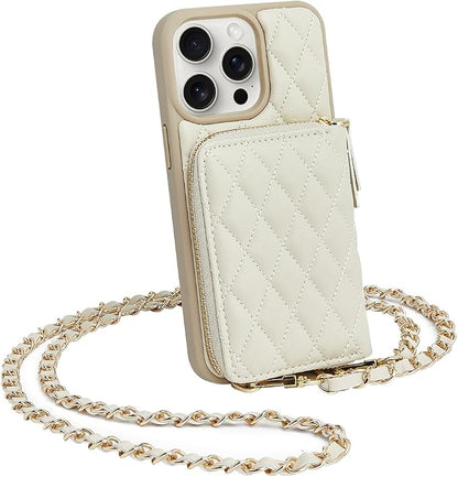 LAMEEKU Crossbody Phone Case for iPhone 15 Pro Max, Zipper Card Holder, RFID Blocking Chain Strap Cover for Women 6.7" Beige
