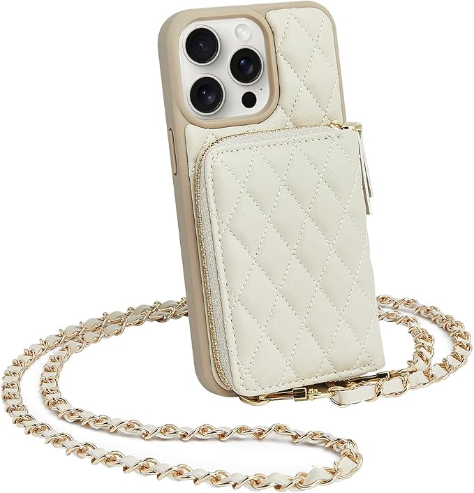LAMEEKU Compatible with iPhone 14 Pro Wallet Case, Quilted Leather Card Holder with Crossbody Chain, RFID Shockproof, 6.1 Inch - Beige