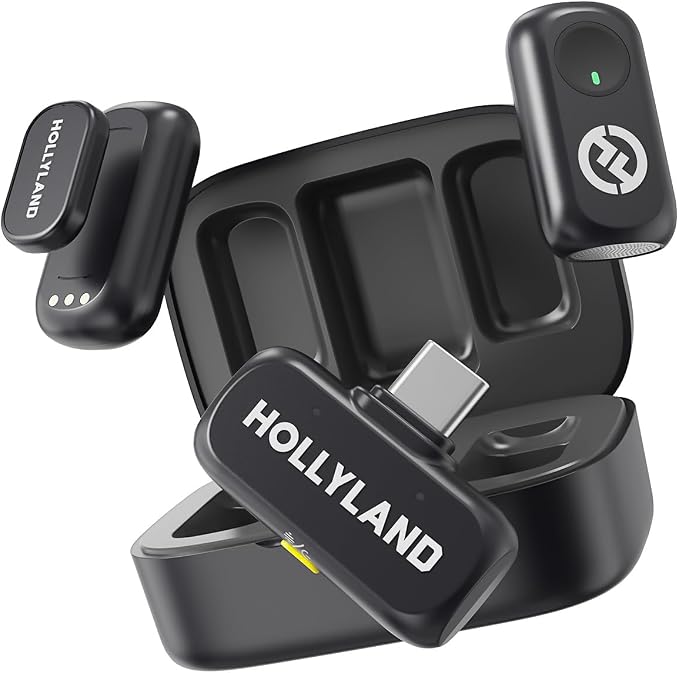 Hollyland Lark A1 Wireless Microphone for iPhone 17/16/15 & Android, 48kHz/24-bit, 3-Level Intelligent Noise Cancel, Mini Mic for YouTube, Podcast, Vlogging (Black, 2TX + USB-C RX + Charging Case)