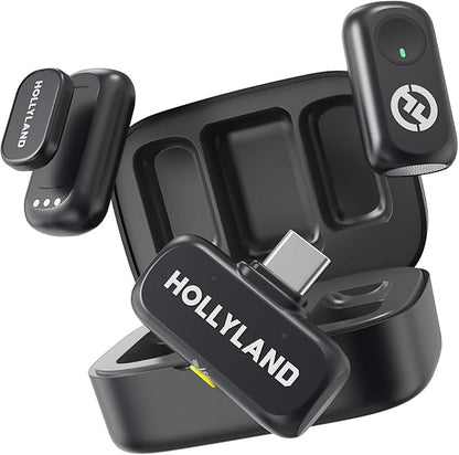 Hollyland Lark A1 Wireless Microphone for iPhone 17/16/15 & Android, 48kHz/24-bit, 3-Level Intelligent Noise Cancel, Mini Mic for YouTube, Podcast, Vlogging (Black, 2TX + USB-C RX + Charging Case)