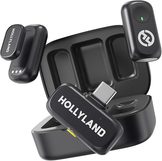 Hollyland Lark A1 Wireless Microphone for iPhone 17/16/15 & Android, 48kHz/24-bit, 3-Level Intelligent Noise Cancel, Mini Mic for YouTube, Podcast, Vlogging (Black, 2TX + USB-C RX + Charging Case)