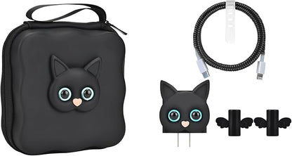 CameCosy Phone Charger Storage Case Cover Sets with Cable Protector for iPhone Adapter, Wave Travel Storage Bag, Cord Wire Saver Cable Organizer Soft Cute Cable Protector (Black Cat)