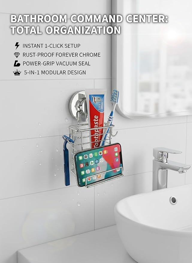 Toothbrush Holder Suction Cup Wall Mounted Toothpaste and Toothbrushes Holder Shelf for Soap Dish or Phone Powerful Vacuum System Rustproof Stainless Steel Organizer Electric Toothbrush (Silver)
