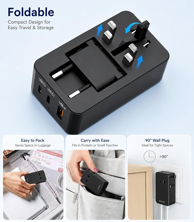 Jasput 25W Universal Travel Adapter, Ultra-Slim Mini Adapter with 2 USB-C & 1 USB-A, Fast Charging for Smartphones, Tablets, and Laptops, Compatible with US, UK, EU, AU, Asia, Perfect for Travel