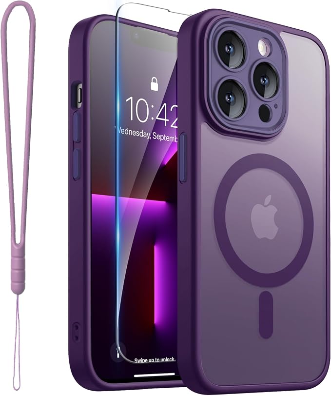 ROYBENS for iPhone 13 Pro-Max Matte Clear Case Compatible with Magsafe, Full Camera Lens Protection, Screen Protector, Wrist Strap, Translucent Magnetic Slim Hard Protective Phone Cover, Purple