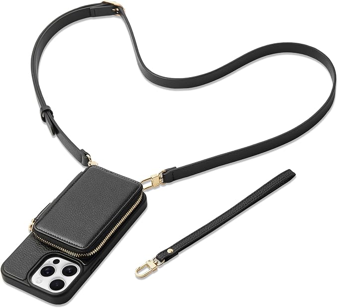 ZVE for iPhone 14 Pro Wallet Case, Card Holder Zipper Crossbody Phone Case with Wrist Strap, RFID Blocking Leather Purse for Women Compatible with iPhone 14 Pro, 6.1 inch, 2022-Black