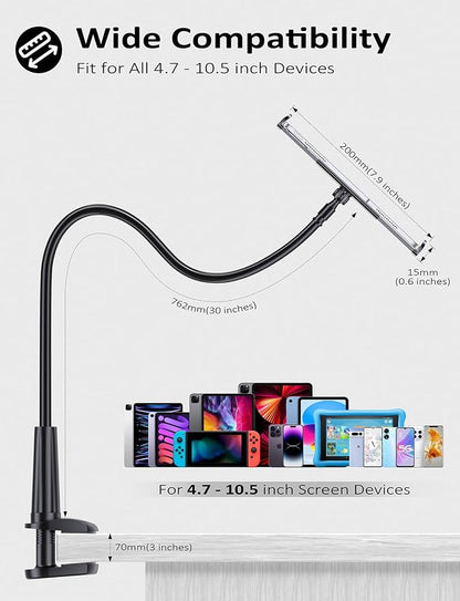 Tryone Gooseneck Kindle&Tablet Holder for Bed Hands-Free Reading on Bed Headboard for iPad, Kindle, and Switch, Flexible 30in Al-Mg Alloy Clamp Arm Stand for Tablets 4.7-10.5 in, Phone - Black - 30in