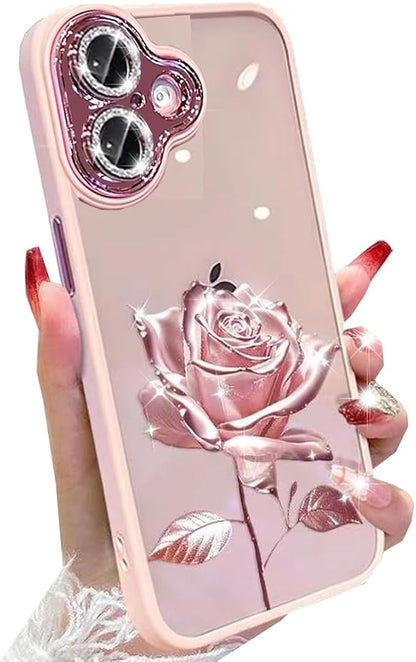 for iPhone 17 Fairy Rose Clear Case, Cute Flower Floral with Glitter Bling Sparkly Camera Lens Protector Soft TPU Bumper Shockproof Women Girls Slim Protective Case for iPhone 17 6.3", Pink