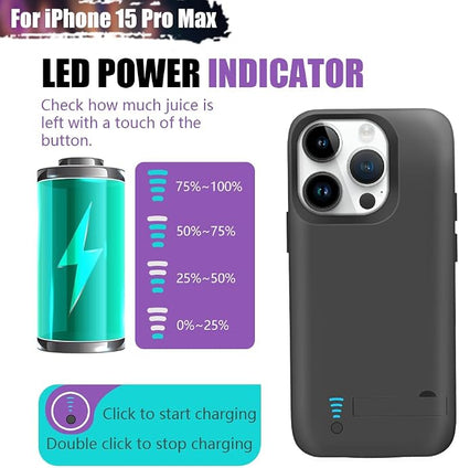 Battery Case for iPhone 15 Pro Max, 6000mAh Rechargeable Extended Battery Charging/Charger Case, Add 100% Extra Juice (6.7 inch) Black