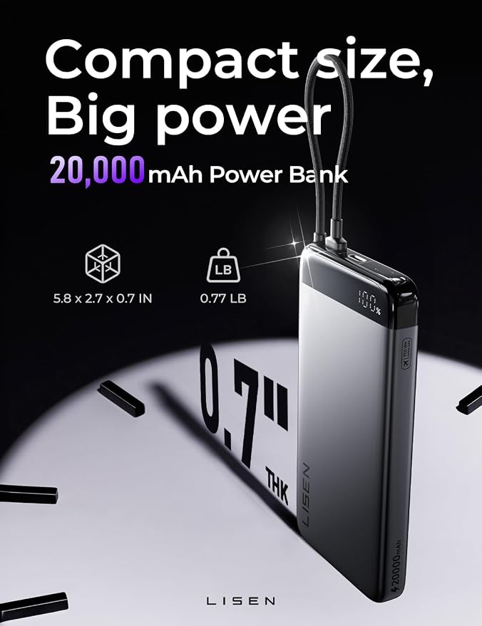 LISEN CCC Certified [Metal Alloy] 20000mAh Power Bank for 40+ Hours of Extra Power, TSA Approved Airplane Travel Essentials, 35W Fast Charging for iPhone 17 16 15 Pro Max Samsung Galaxy S26 Ultra iPad
