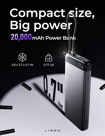 LISEN CCC Certified [Metal Alloy] 20000mAh Power Bank for 40+ Hours of Extra Power, TSA Approved Airplane Travel Essentials, 35W Fast Charging for iPhone 17 16 15 Pro Max Samsung Galaxy S26 Ultra iPad