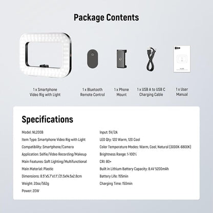 NEEWER Entry Level Version Phone Video Rig with Light, Handheld Stabilizer with 20W Bi Color LED Square Ring Light, 3 Cold Shoes/5200mAh Battery/CRI80+ for Selfie Streaming Vlog Recording, NL200B