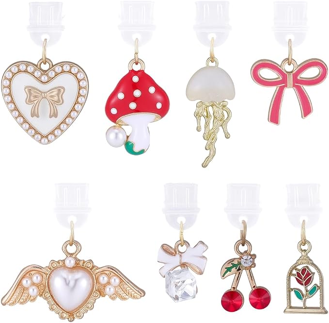 8Pcs 8 Styles Charms for Kindle Heart Bow Mushroom Cherry Flower Dust Plug Charm Compatible with Kindle E-Reader Phone Type C Charging Ports Gift for Book Lover Readers Men Women