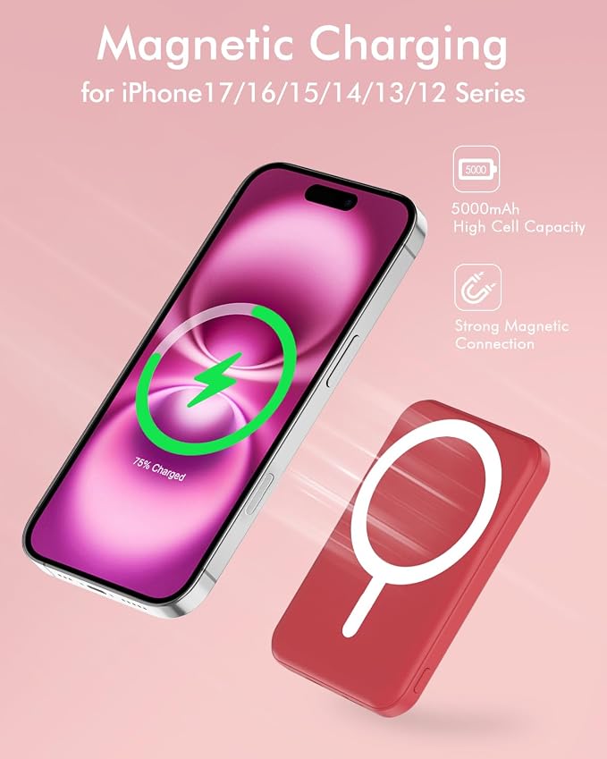 podoru for Magsafe Battery Pack, 5000mAh Magnetic Power Bank with Type-C Cable 20W PD Fast Charging Lighting Input Wireless Portable Charger for iPhone 17/16/15/14/13/12/ All Series-Red