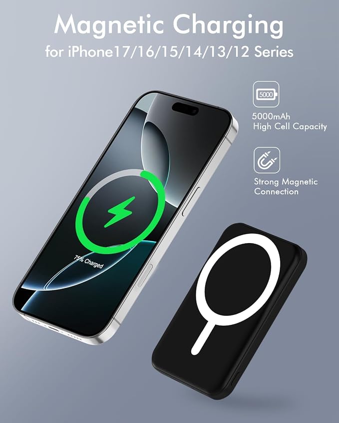 podoru for Magsafe Battery Pack, 5000mAh Magnetic Power Bank with Type-C Cable 20W PD Fast Charging Lighting Input Wireless Portable Charger for iPhone 17/16/15/14/13/12/ All Series-Deep Matte Black