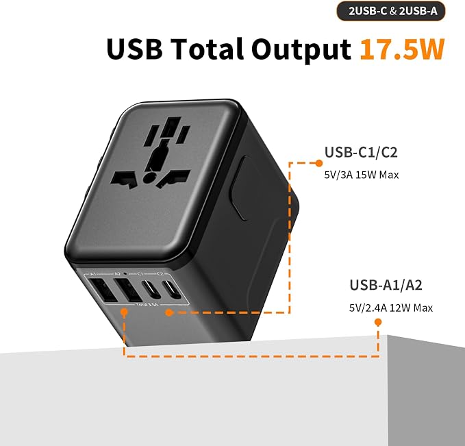 CC Store Universal Travel Adapter,European Travel Plug Adapter with 2 USB-C(17.5W) ＆ 2 USB-A Ports(Not a Voltage Converter) – for USA, UK, EU, AU ＆ 224+ Countries Black