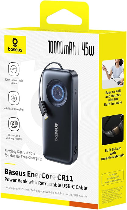 Baseus Enercore Power Bank, 10000mAh Fast Charging Portable Charger Built-in 45W Retractable USB-C Cable, Battery Pack for iPhone 16/15 Series, Samsung, Google Pixel, iPad, AirPods, Drone, Go Pro
