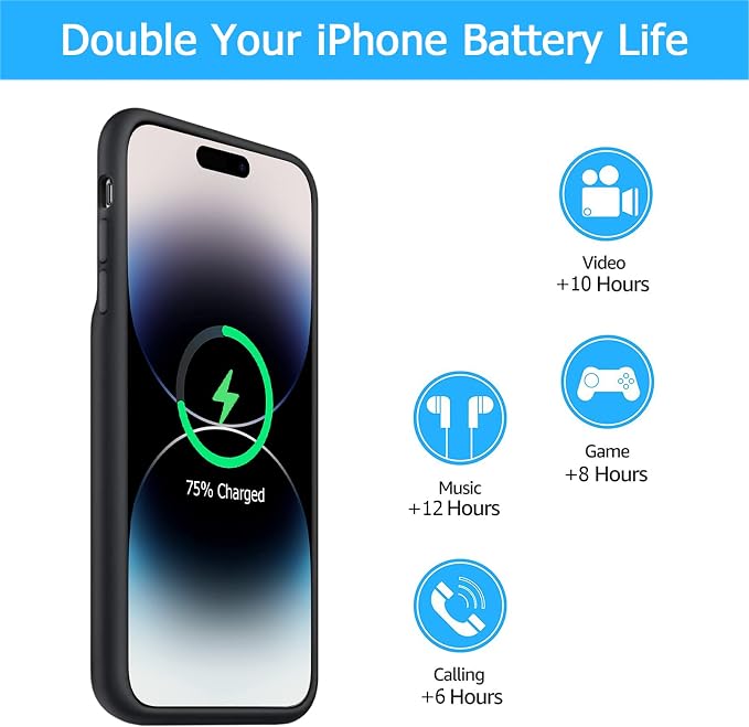 Battery Case for iPhone 14 Pro Max, [12000mAh] Enhanced Portable Protective Qi Wireless Charger Case Battery Pack with CarPlay Wireless Charging Case Compatible for iPhone 14 Pro Max (6.7 inch)-Black