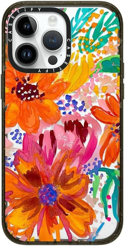 CASETiFY Impact iPhone 14 Pro Max Case [4X Military Grade Drop Tested / 8.2ft Drop Protection/Compatible with Magsafe] - EttaVee Watercolor Fleurs - Clear Black
