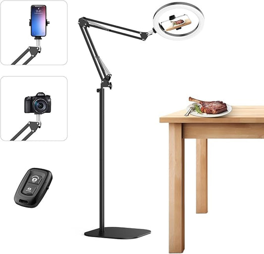 10" Ring Light with Stand Tripod for iPhone, Overhead Phone Camera Mount, Adjustable 70" Height Tripod Holder Floor, Phone Stand for Video Recording Filming Streaming Cooking TikTok YouTube, CRI >95