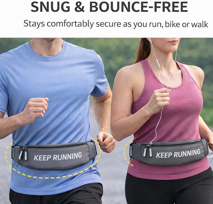 Slim Running Waist Pack for Women Men, Large Capacity Waist Belt with Organized Compartments, No-Bounce Secure Fit for Cycling, Hiking, Climbing Adventure & Reflective Safety Night Running-Gery